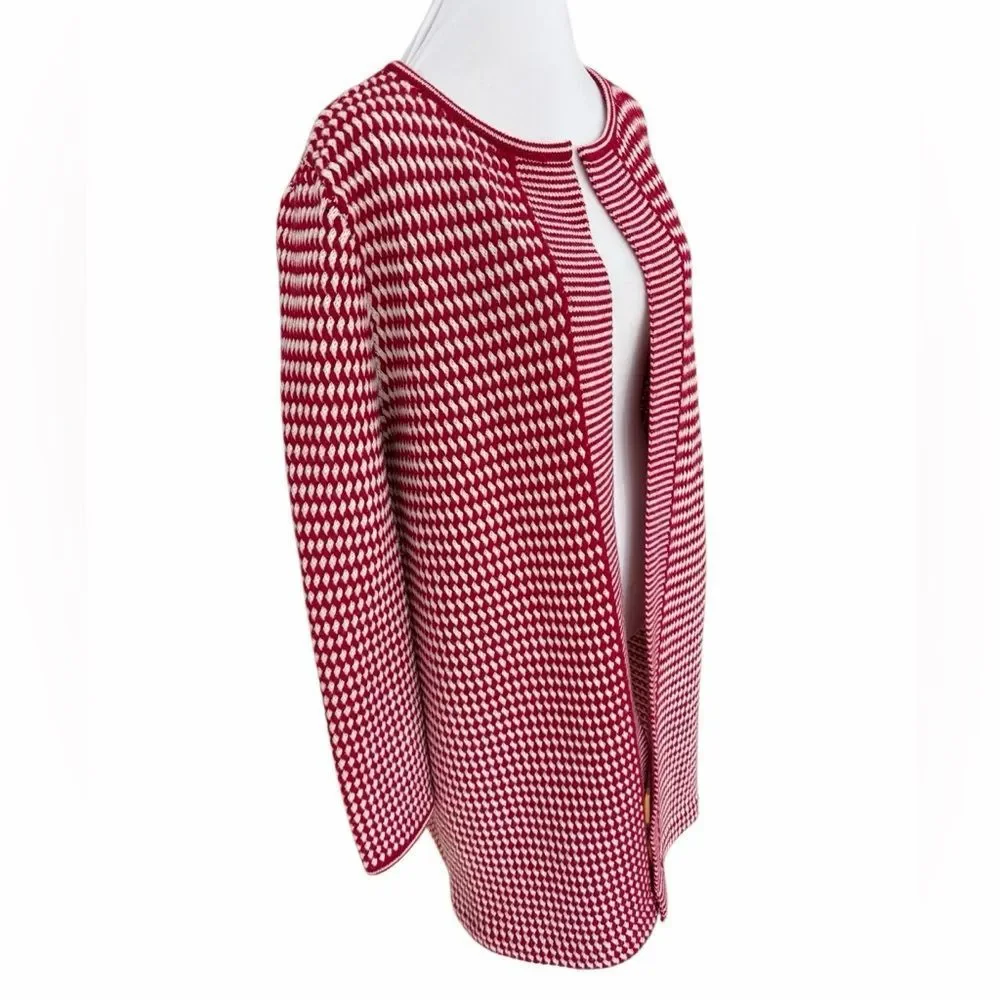 Talbots Red and White Women's 100% Merino Wool open front Cardigan size L